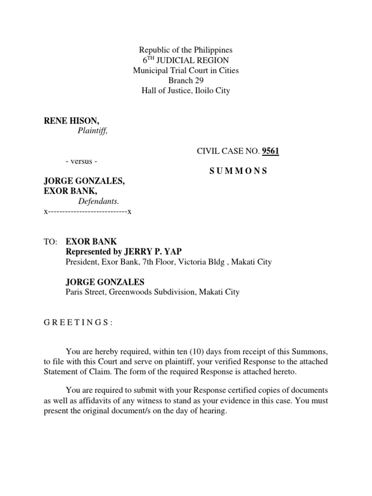 Sample Court Summons Philippines | PDF