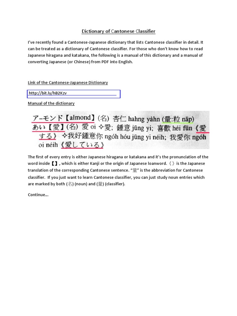 Dictionary of Cantonese Classifier PDF Japanese Language English