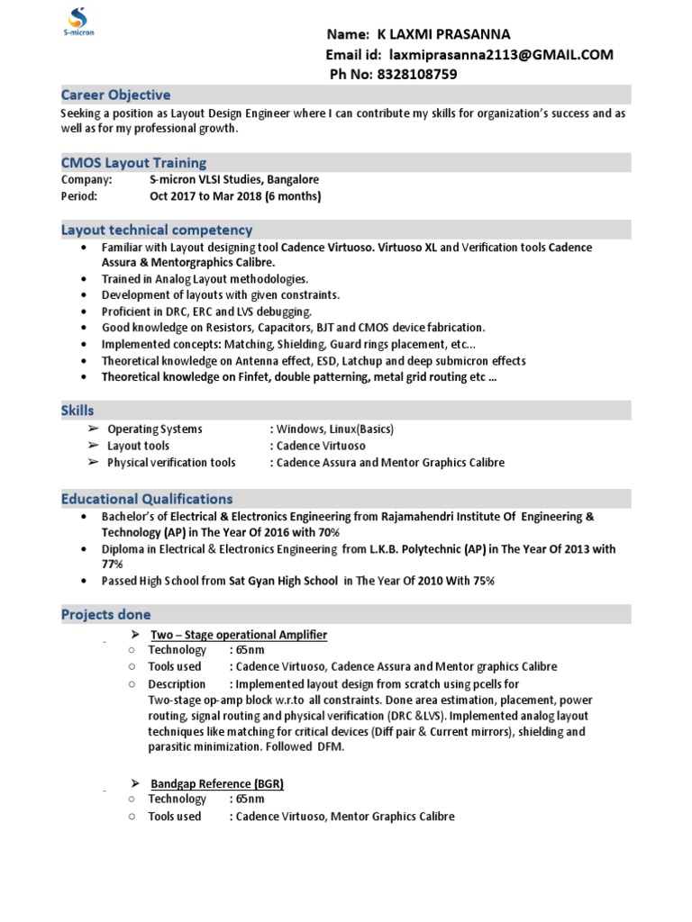 PRASANNAs Micron Resume For Analog Layout Engineer Electronic Engineering Electronic Circuits