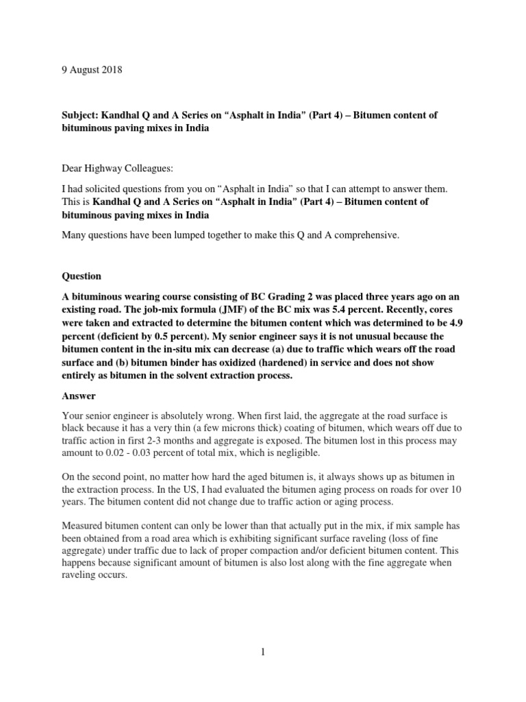 Kandhal Q And A Part 4 On Bitumen Content Of Bituminous Paving Mixes In India Letter To Highway Colleagues 9 August 18 Asphalt Road Surface