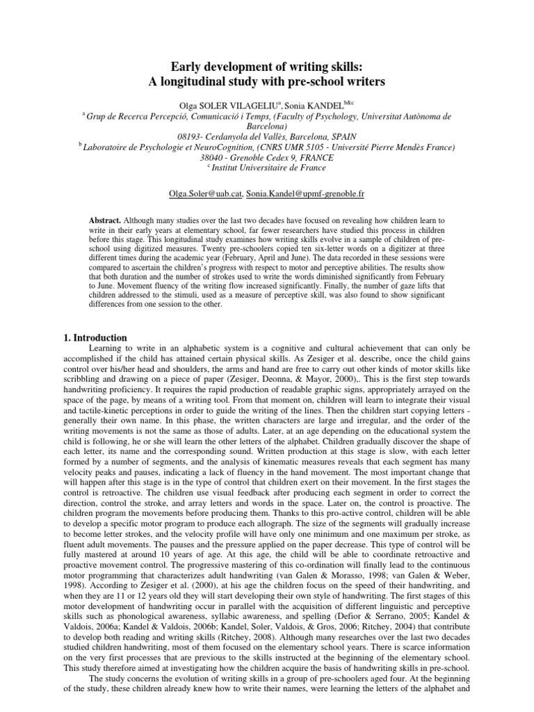 Early development of writing skills A longitudinal study with preschool writers Student's T