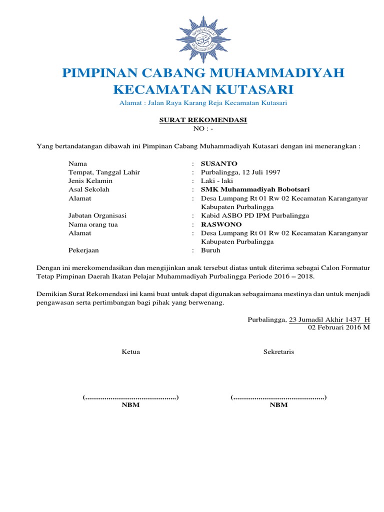 Contoh Rekomendasi Pimpinan Cabang Muhammadiyah