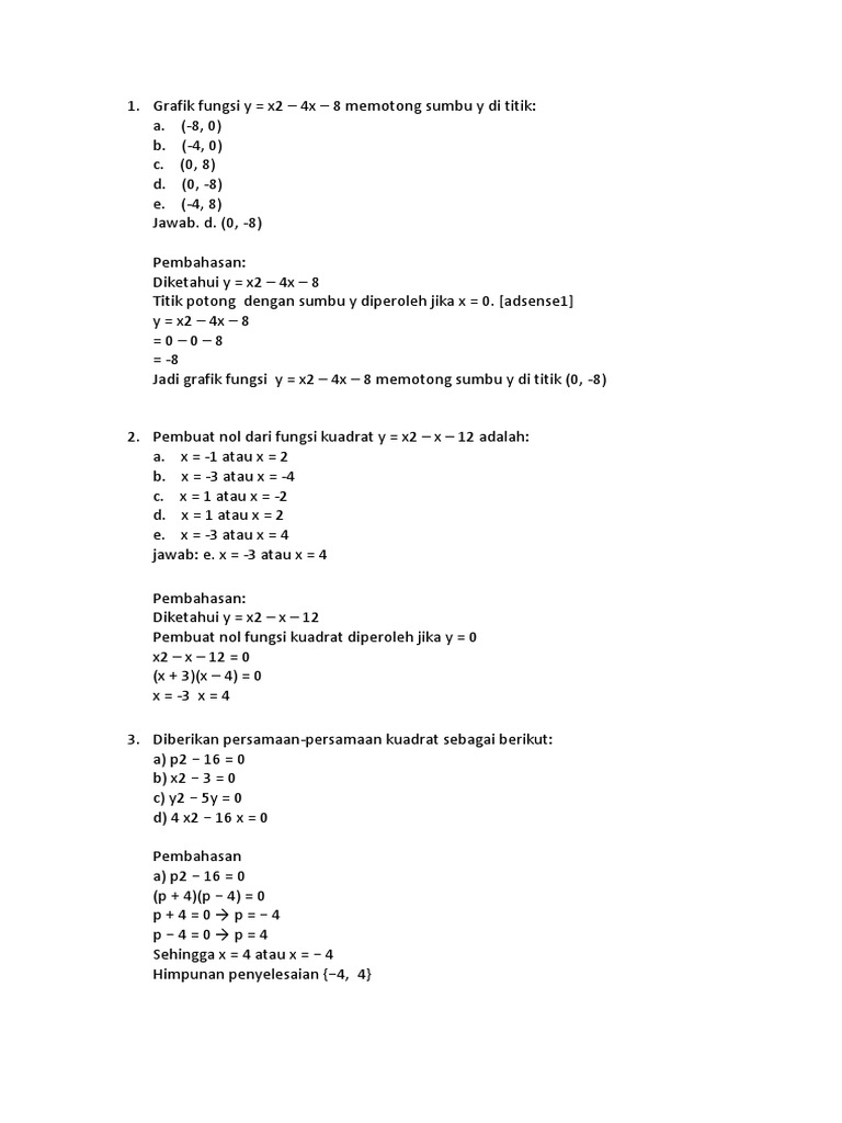 2 Pembuat Nol Dari Fungsi Kuadrat Y X2