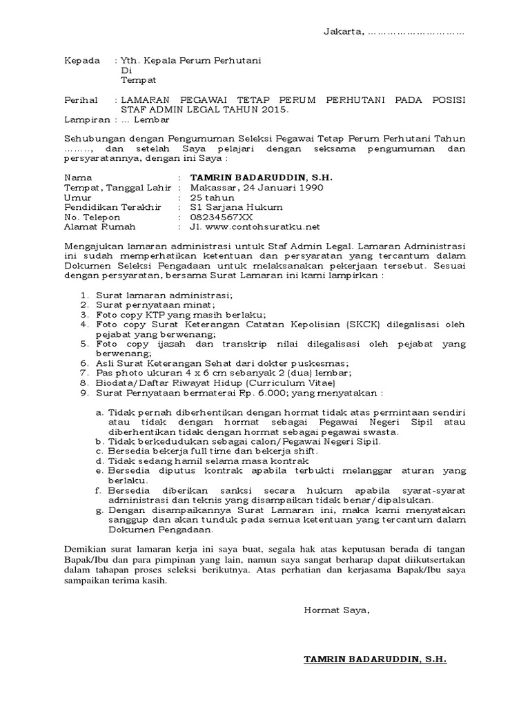 Contoh Surat Lamaran Kerja Perum Perhutani Berbagi Lamaran