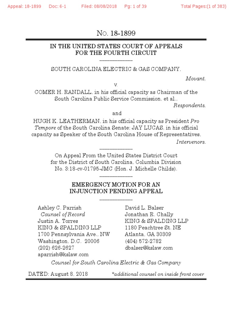 SCE&G's Emergency Motion For An Injunction Pending Appeal With The U.S.  Court of Appeals | PDF | Public Law | Government