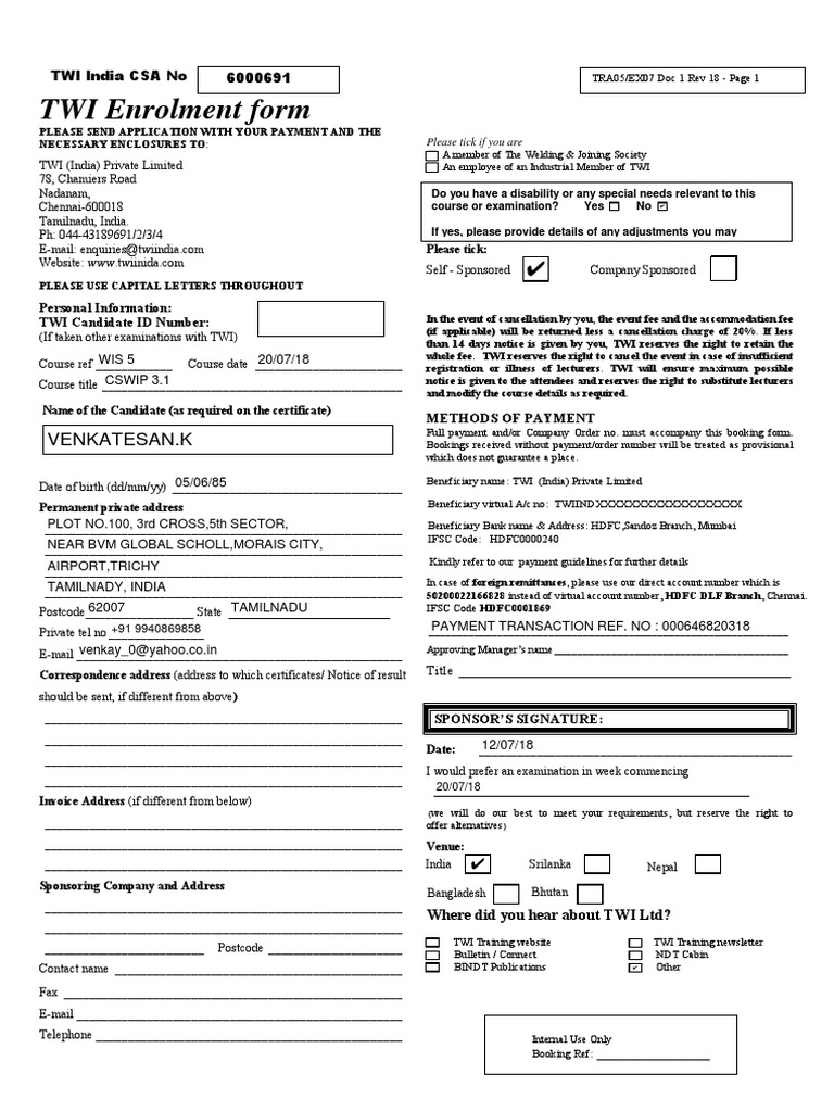 TWI CSWIP 3.1 Enrolment Form | PDF | Nondestructive Testing | Business