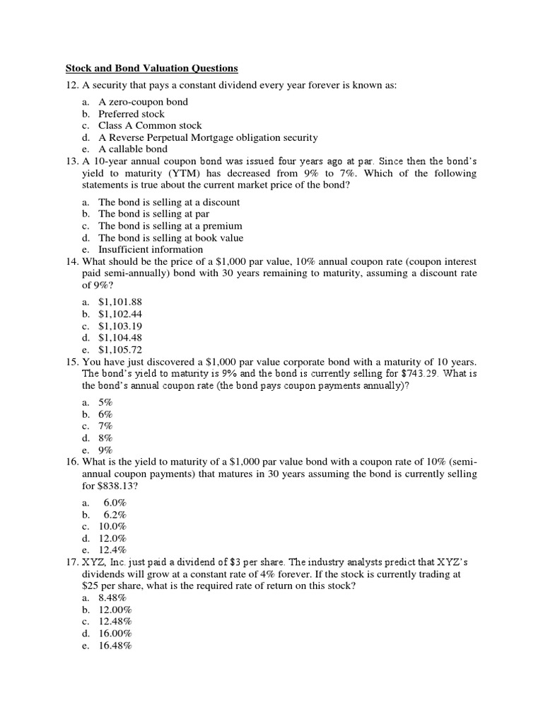 Stock and Bond Valuation Questions | PDF | Bonds (Finance) | Yield ...