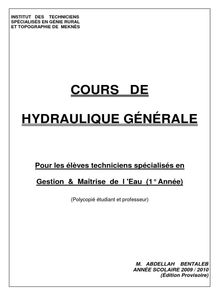 Cours Et Exercices Corrigés D hydraulique Générale Pdf Cours HYDRAULIQUE GÉNÉRALE | PDF | Dynamique des fluides | Pression