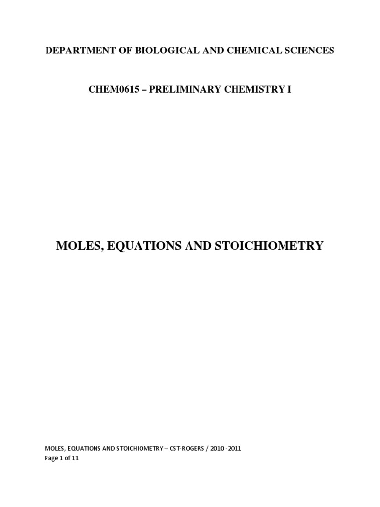 Chem0615-Moles and Equations Lecture Notes - Handout | Mole (Unit ...