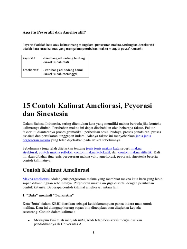 Contoh Ameliorasi Dan Peyorasi 1001 Contoh Majas