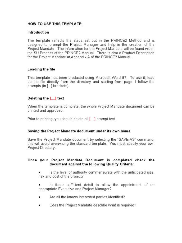 PRINCE2 Project Mandate Template | PDF | Interface (Computing ...