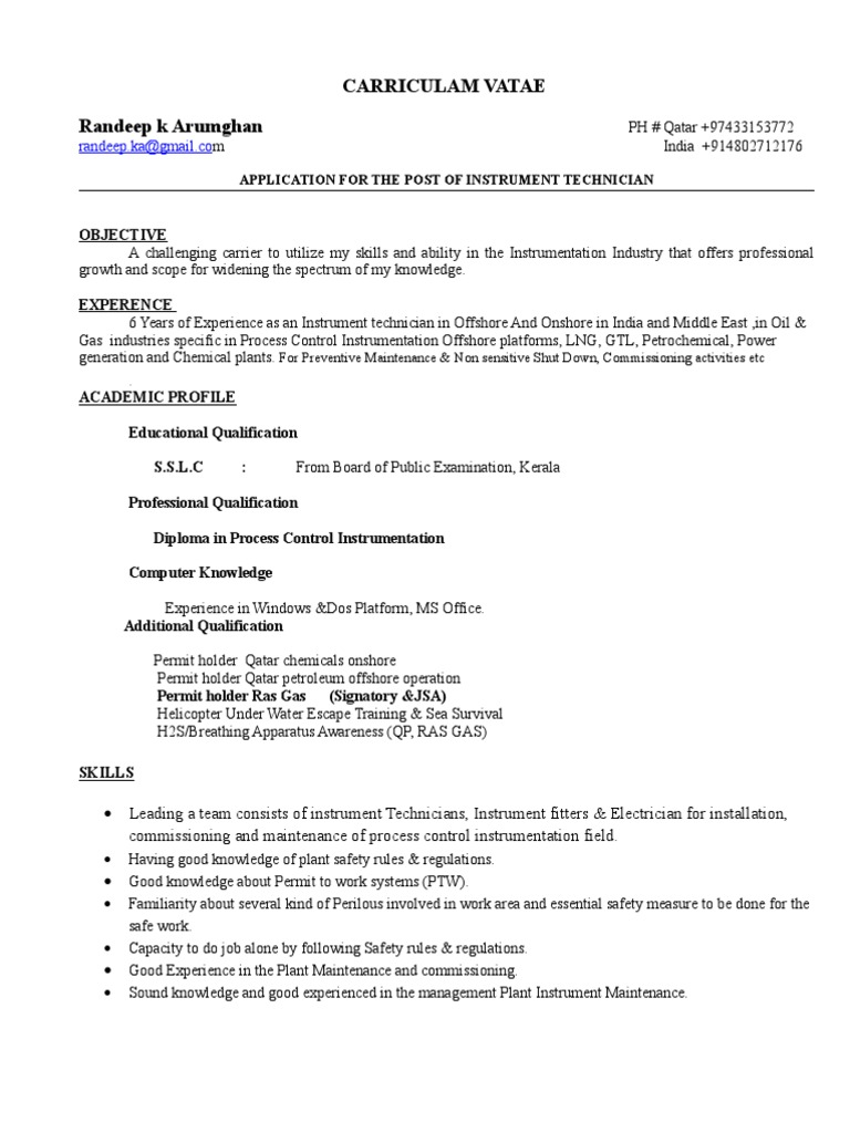 Instrument Technician Cv (1) (1) Technology Energy And Resource
