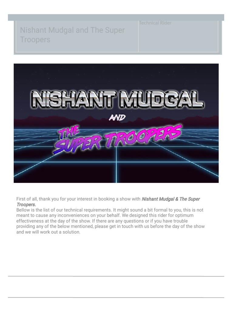 Nishant Mudgal Band Tech Rider | PDF | Drum Kit | Musical Instruments
