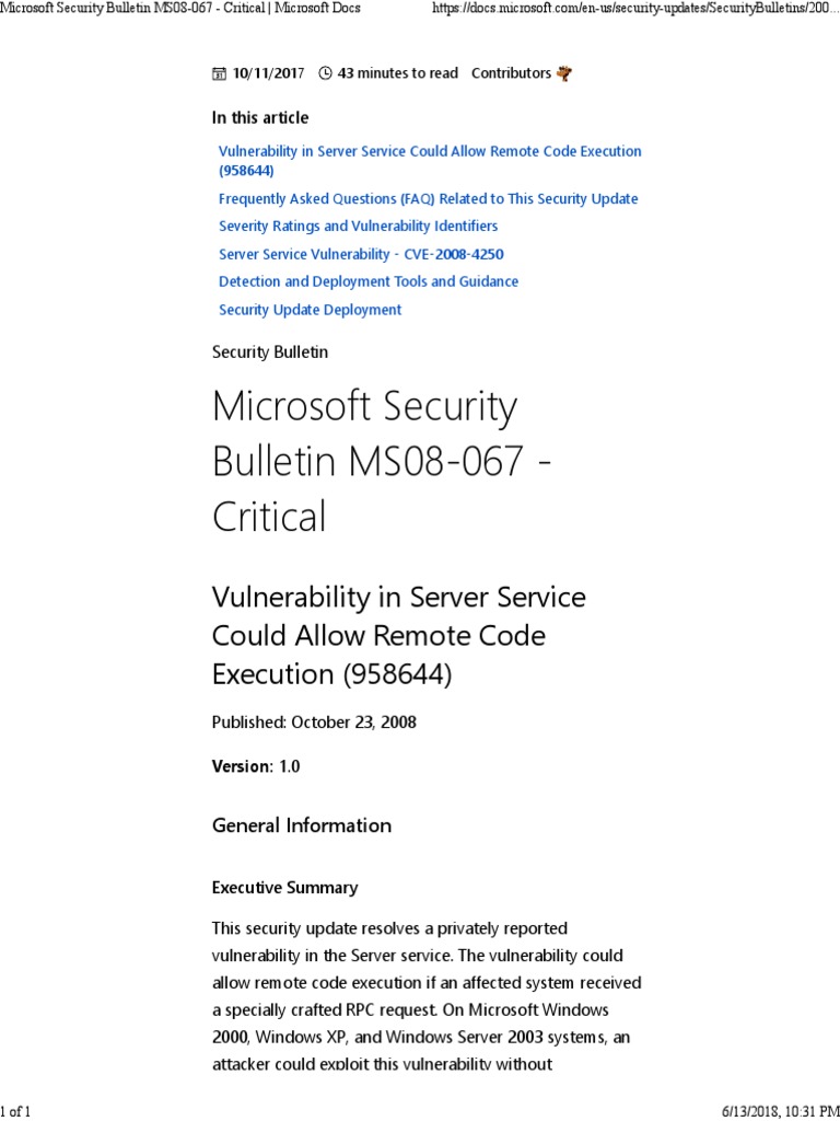 microsoft security bulletin ms08-067 critical