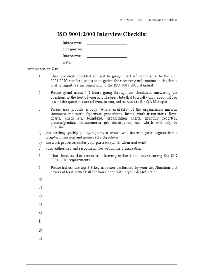 ISO 9001:2000 Interview Checklist | PDF | Verification And Validation ...
