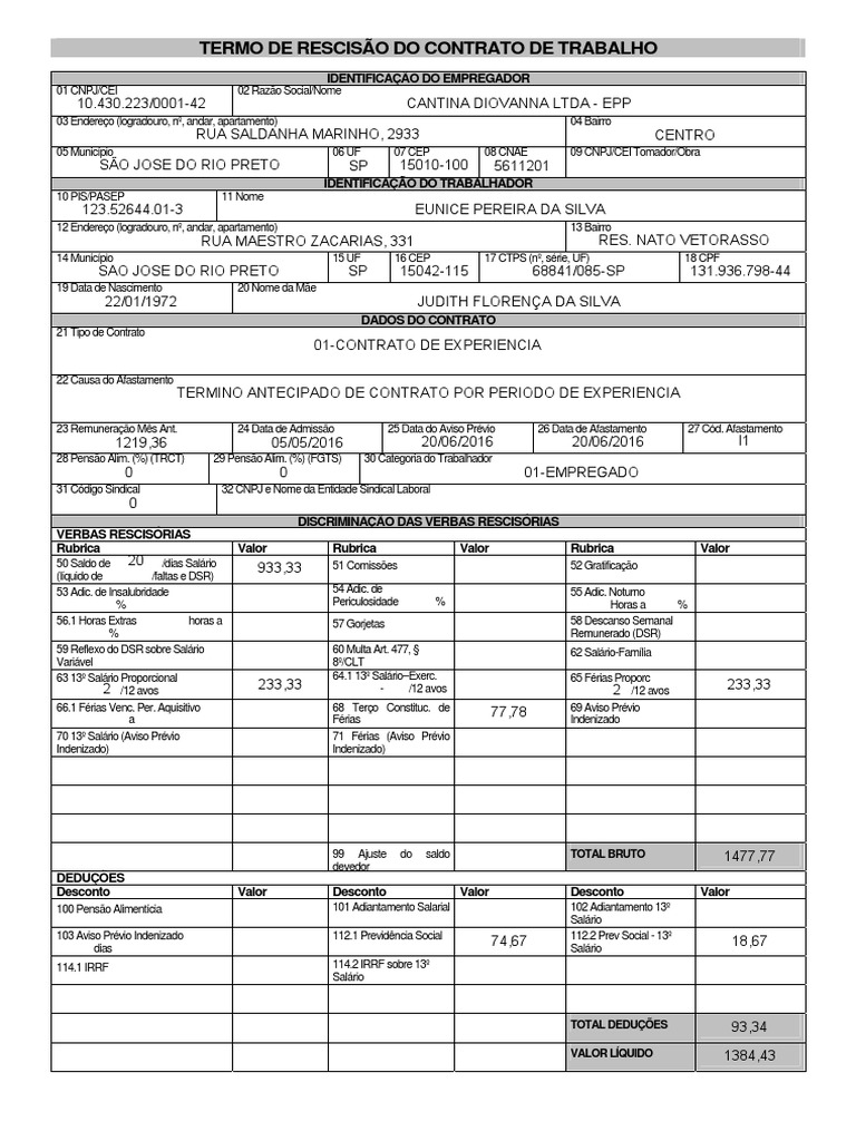 Rescisão de Contrato de Trabalho: Eunice Silva | PDF | Férias ...