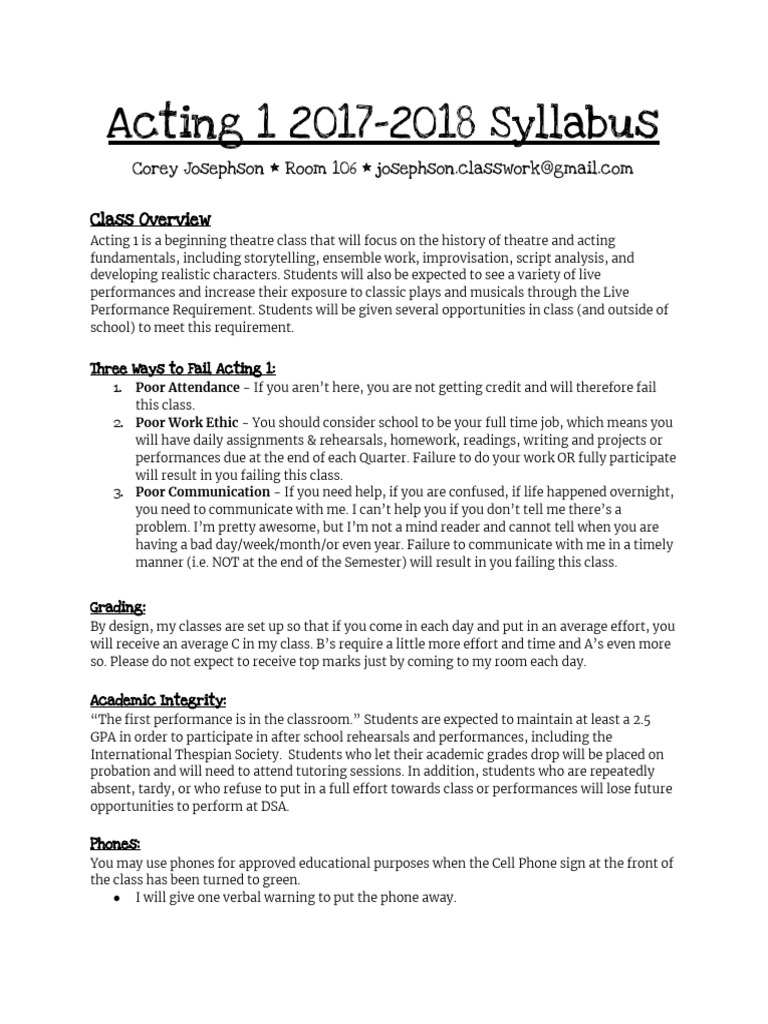 Acting 1 Course Syllabus 2017-2018 | PDF | Acting | Musical Theatre
