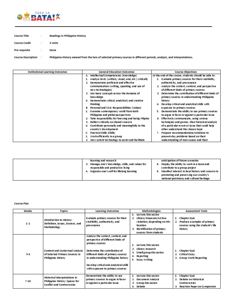 readings in philippine history syllabus primary sources curriculum