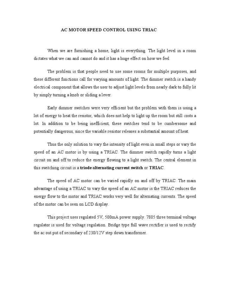 Speed Control of Ac Motor Using Triac PDF Rectifier Alternating
