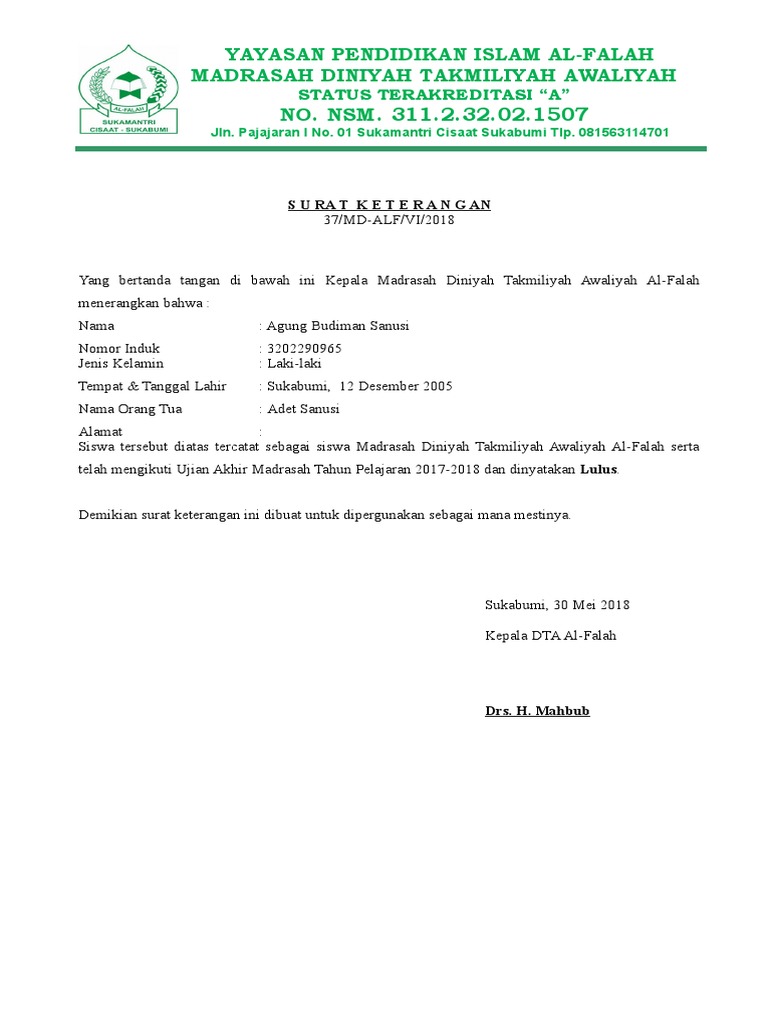 Surat Keterangan Kelas.6 | PDF