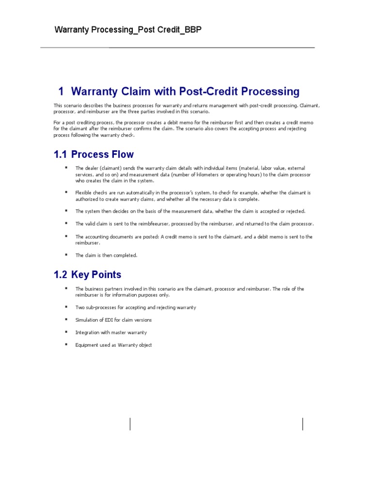 1 Warranty Claim With PostCredit Processing 1.1 Process Flow PDF