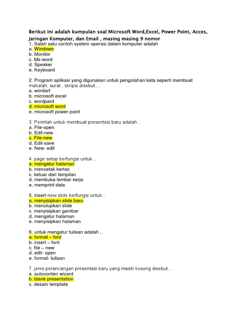 Berikut Ini Adalah Kumpulan Soal Microsoft Word