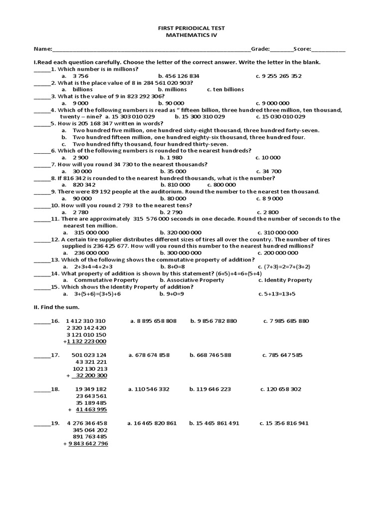 Grade 4 First Periodical Math Test | PDF | Teaching Methods & Materials