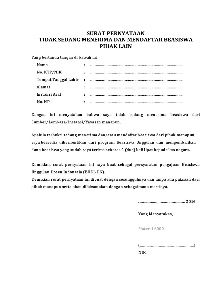 Contoh Surat Pernyataan Tidak Sedang Menerima Beasiswa Lain