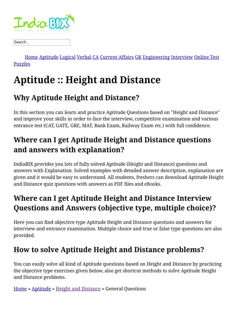Height and Distance - Aptitude Questions and Answers PDF | PDF ...