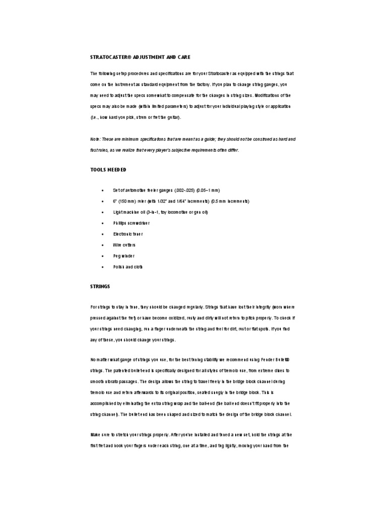 Stratocaster® Adjustment and Care: Fast Rules, As We Realize That Every ...