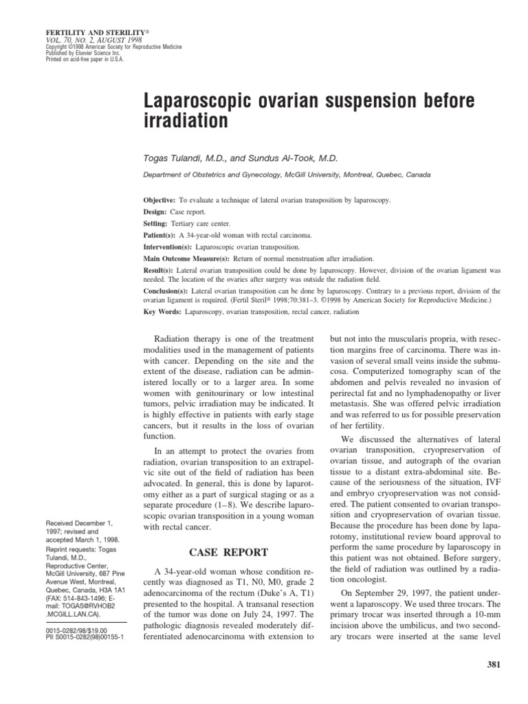Laparoscopic Ovarian Suspension Before Irradiation | PDF | Ovary ...
