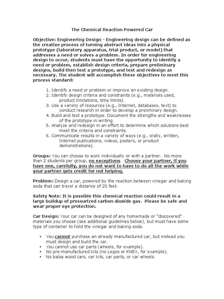 The Chemical Reaction Powered Car 2 PDF Engineering Design Process