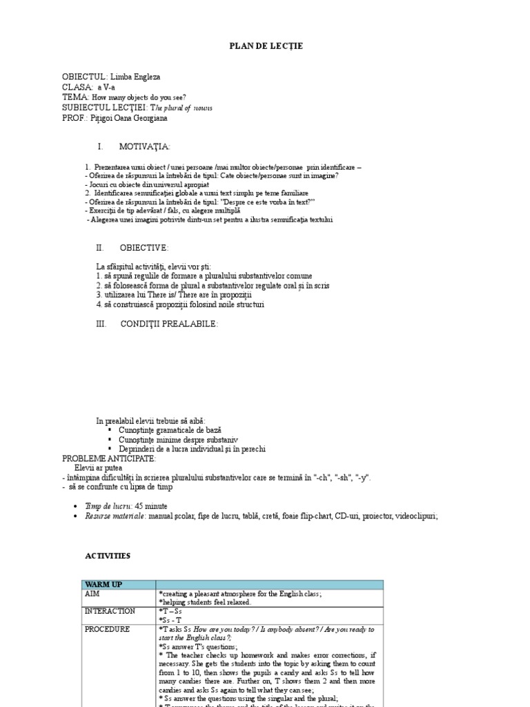 Oana Plan De Lectie 1 Plural Grammatical Number
