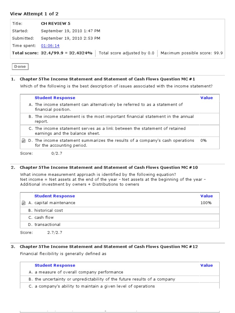 View Attempt 1 of 2: Student Response Value | PDF | Cash Flow Statement ...