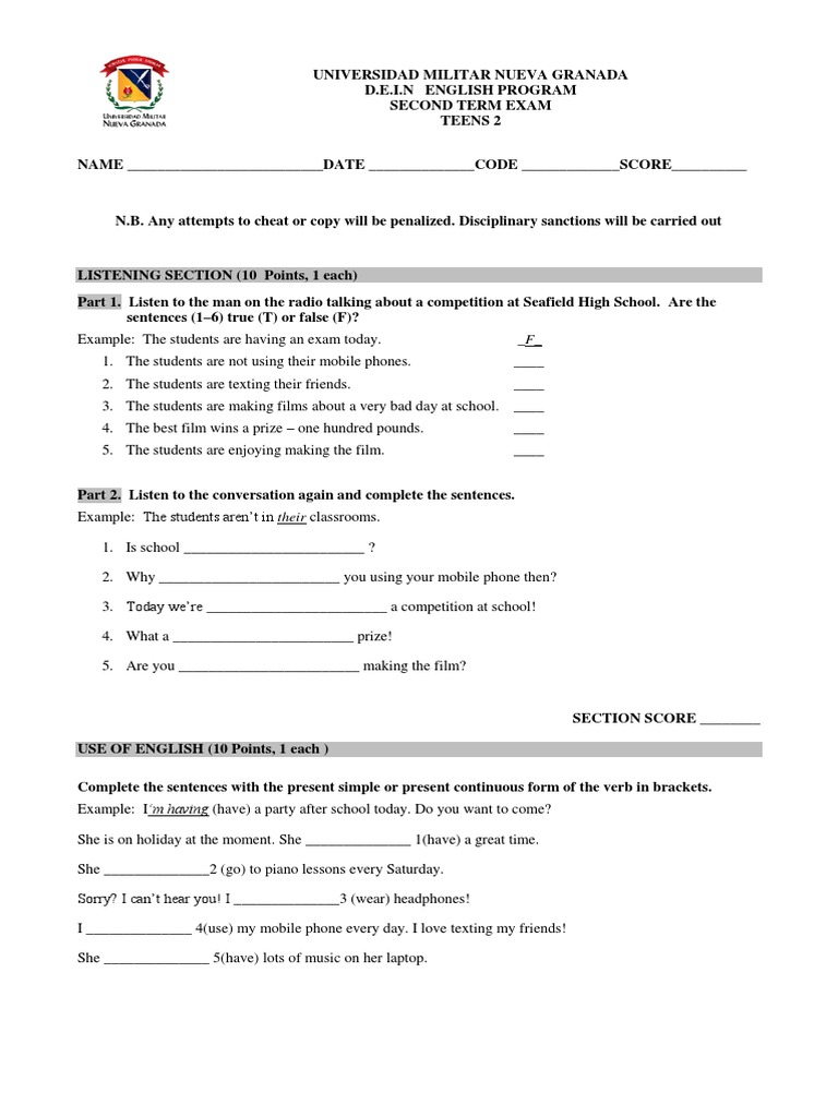 Teens 2 Second Term Exam Sample | PDF | Test (Assessment)