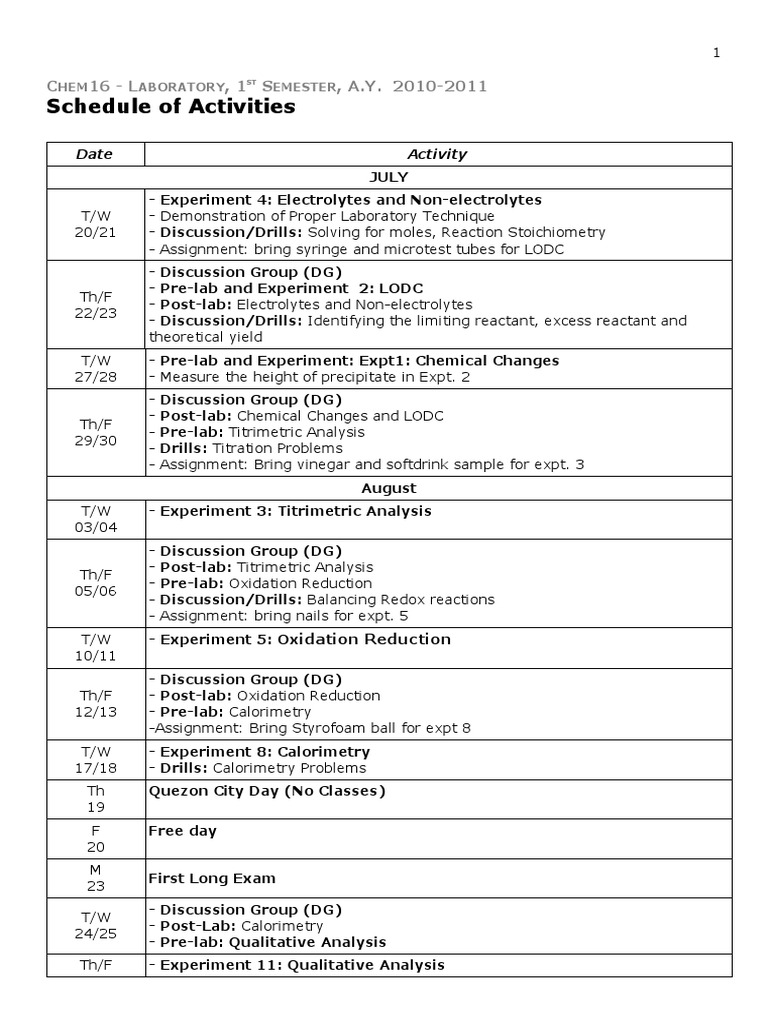 Chem16 Schedule 1st Sem 2010-2011 (B) | PDF | Chemistry | Titration