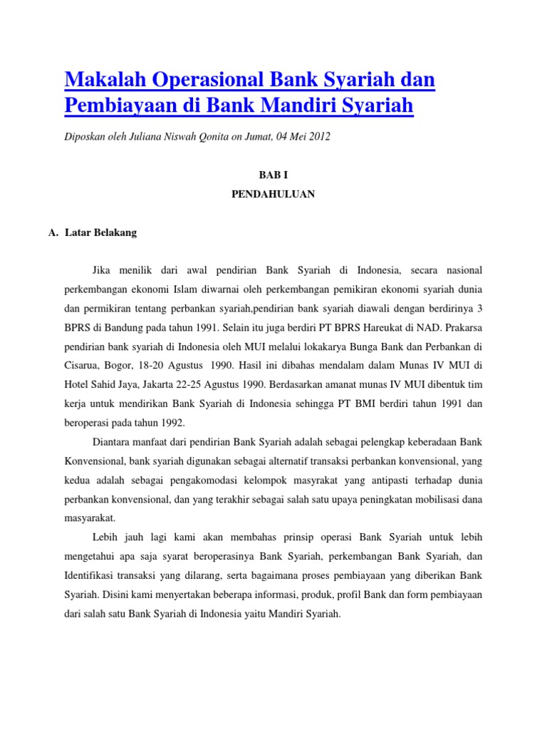 Makalah Operasional Bank Syariah Dan Pembiayaan Di Bank Mandiri Syariah