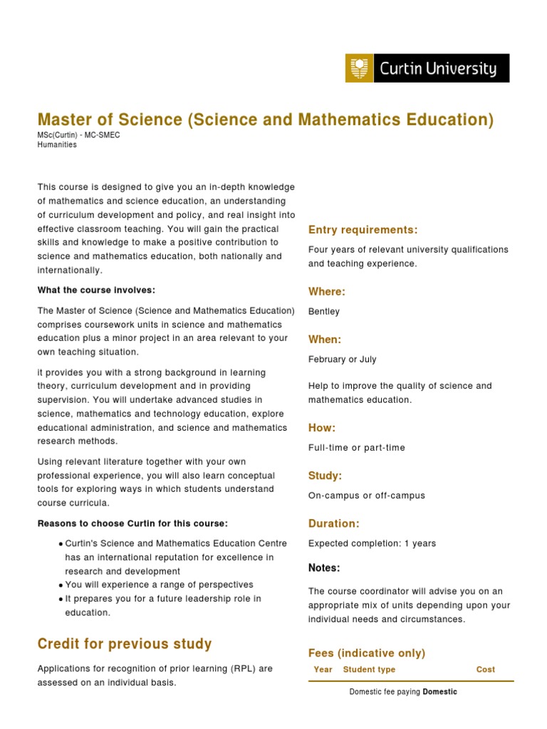MSc in Science and Mathematics Education | PDF | Curriculum | Fee