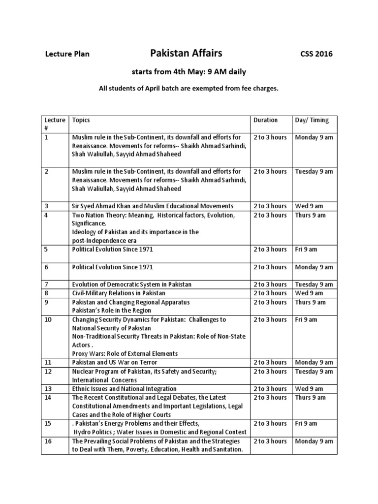 Pakistan Affairs Lecture Plan 2016 | PDF | Two Nation Theory | Pakistan
