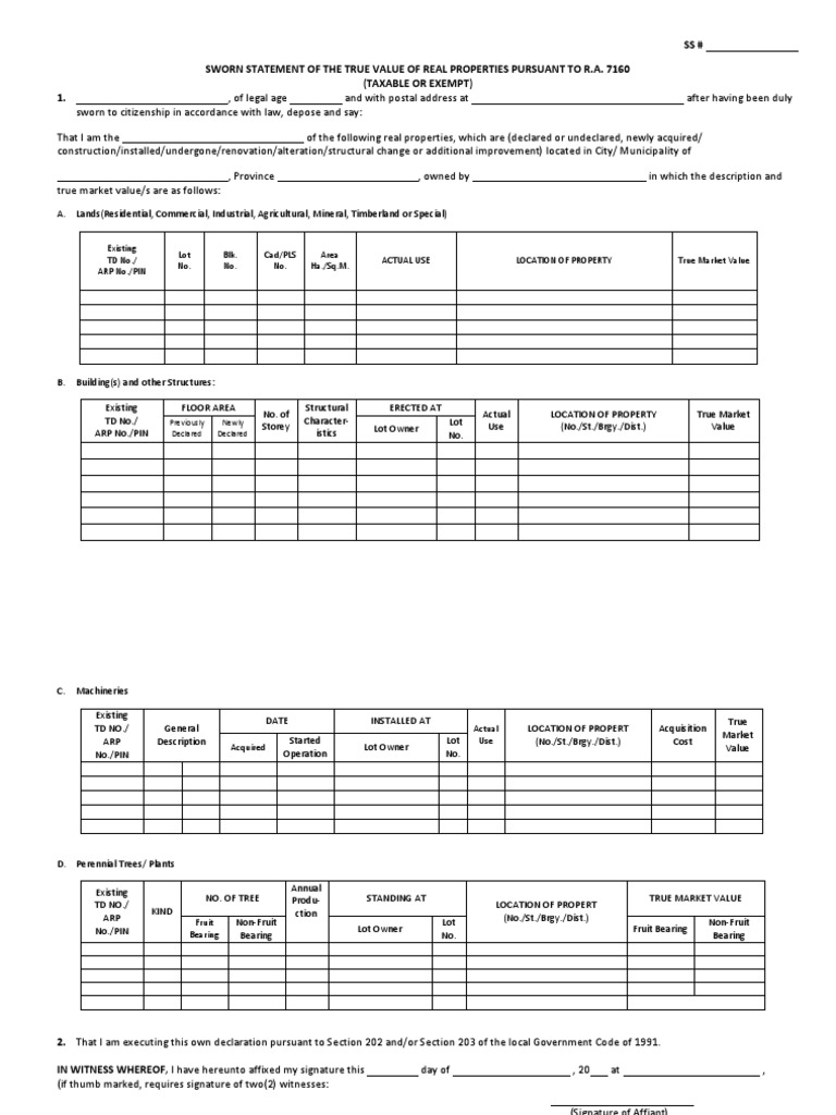 Sworn Statement of The True Value of Real Properties Taxation