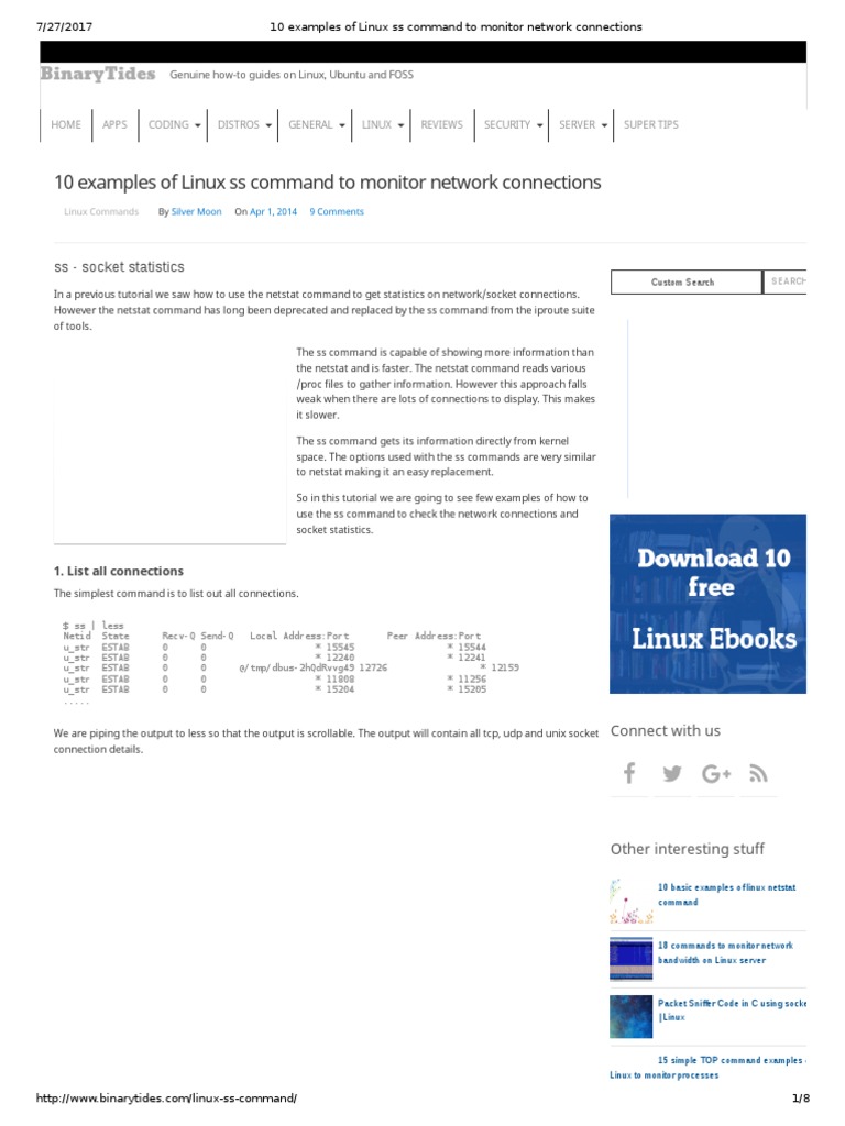 10 Examples of Linux Ss Command To Monitor Network Connections | PDF ...