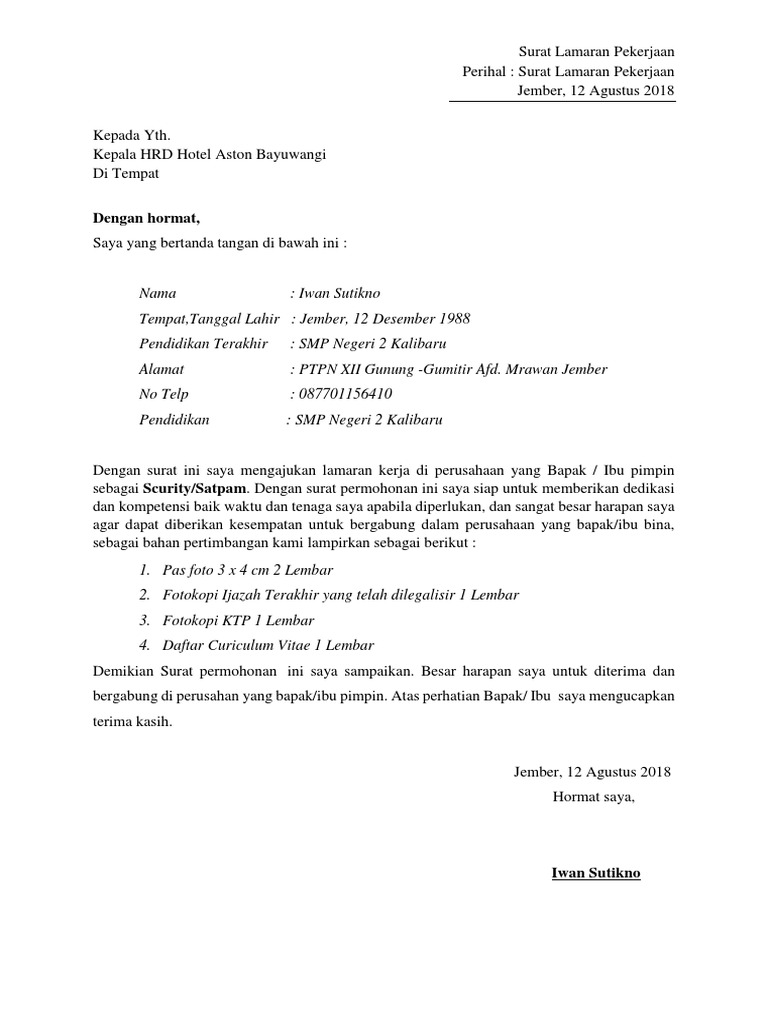Contoh Surat Lamaran Kerja Hotel Aston Best Heal