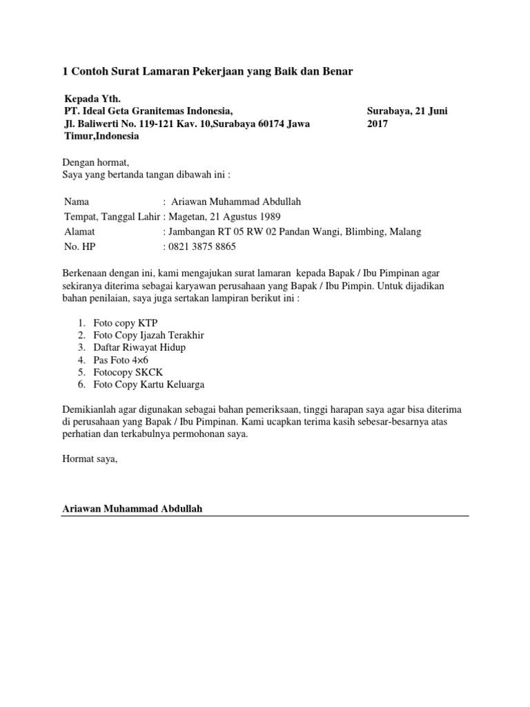 1 Contoh Surat Lamaran Pekerjaan