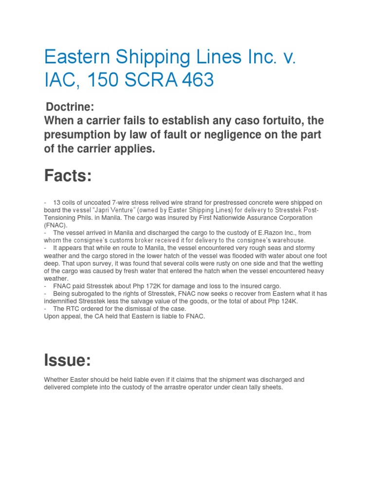 Eastern Shipping Lines, Inc. Vs IAC | PDF | Cargo | Bill Of Lading