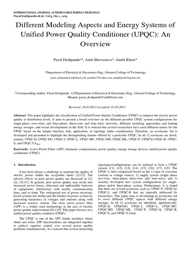 Different Modeling Aspects and Energy Systems of Unified Power Quality