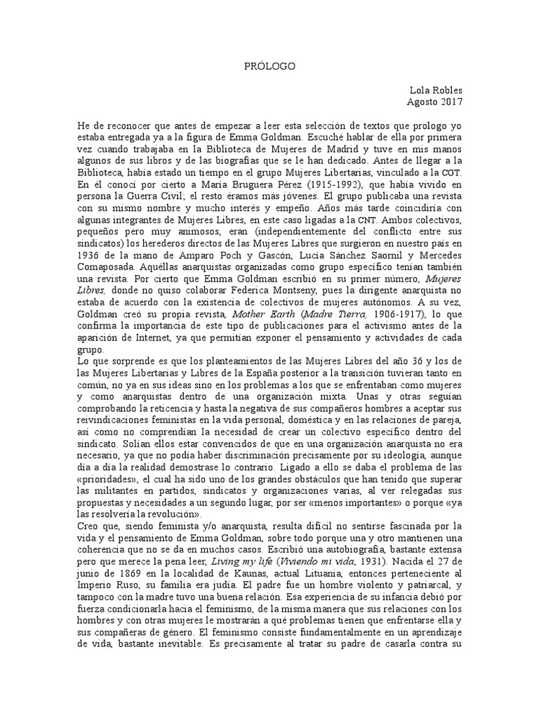Prólogo Emma Goldman | PDF | Anarquismo | Mujer