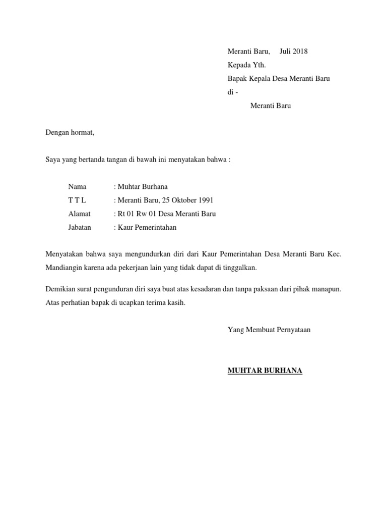 Surat Pernyataan Pengunduran Diri