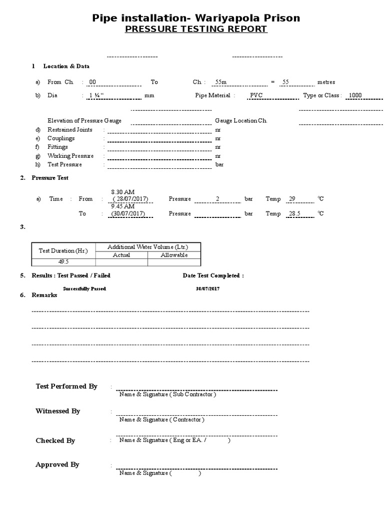 Wariyapola Prison Pressure Test Report | PDF | Hydraulics | Gas ...
