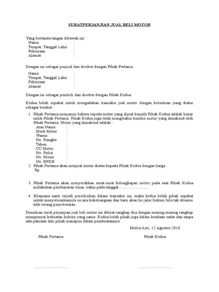 Contoh Surat Jual Beli Motor