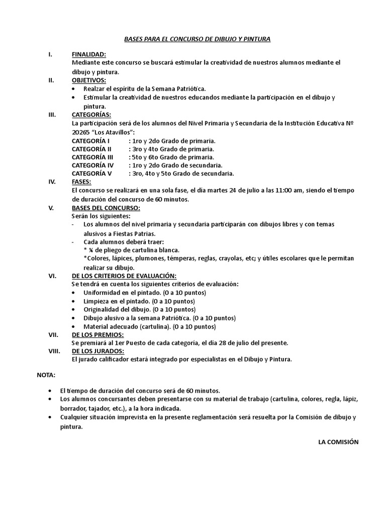 Bases Para El Concurso De Dibujo Y Pintura PDF Dibujo Pinturas